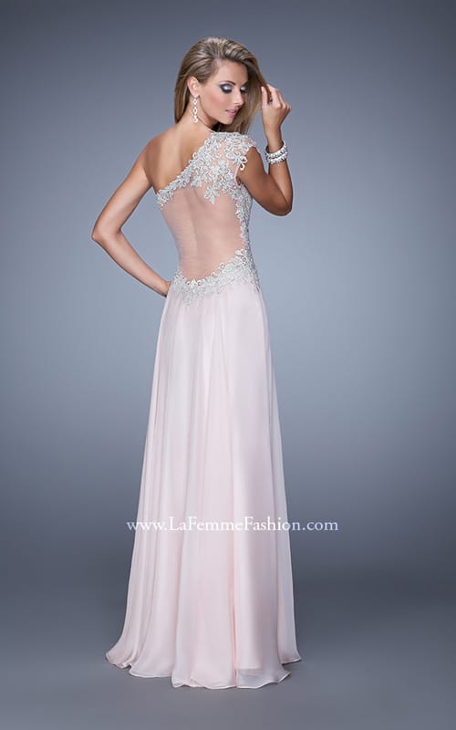 Picture of: One Shoulder Chiffon Prom Dress with Metallic Embroidery in Pink, Style: 21379, Back Picture