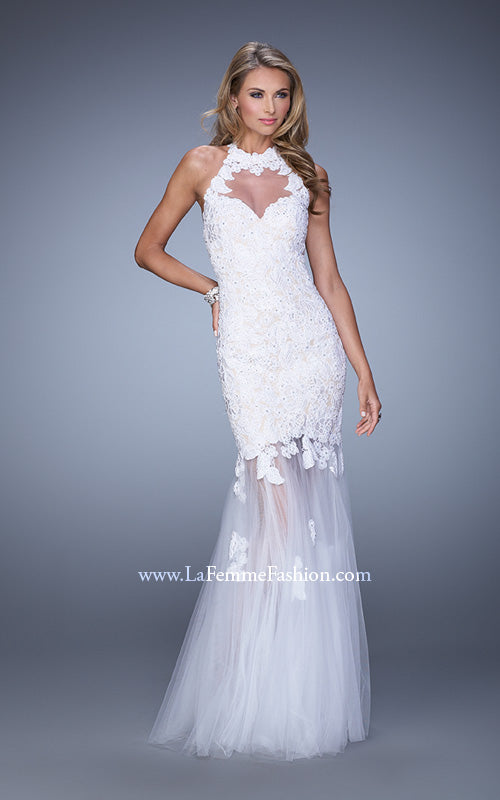 Picture of: Sheer Halter Mermaid Prom Dress with Lace Appliques in White, Style: 21400, Detail Picture 1