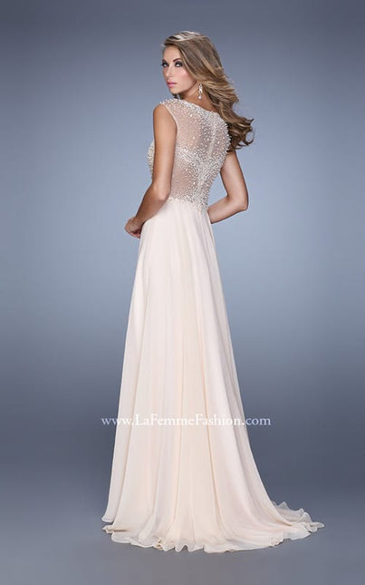 Picture of: Cap Sleeve Chiffon Dress with Stones, Beads, and Pearls in Blush, Style: 21414, Back Picture