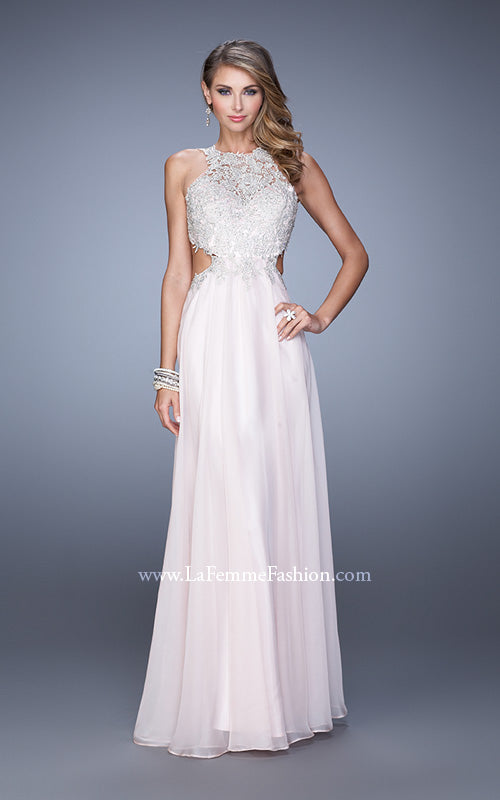 Picture of: Embroidered Bodice Chiffon Gown with Halter Neckline in Blush, Style: 21454, Detail Picture 2
