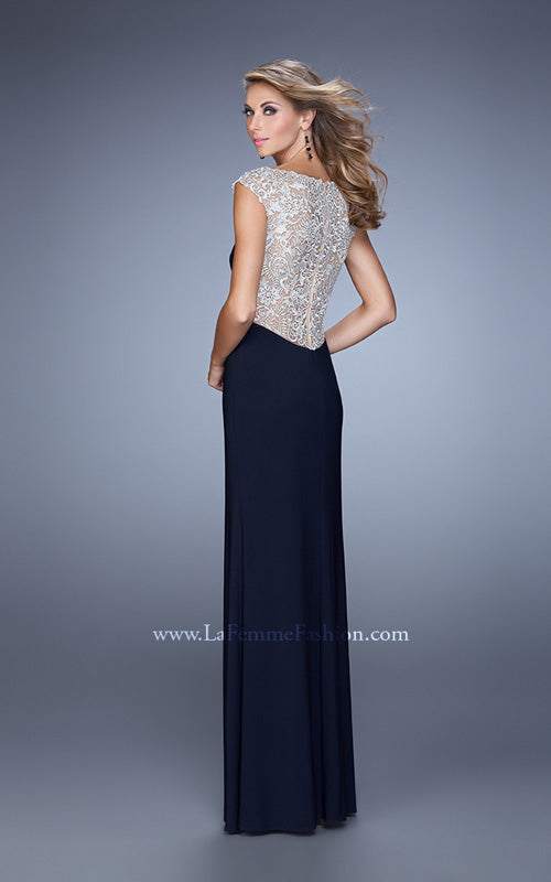 Picture of: Jersey Prom Dress with Sheer Detail and Side Leg Slit in Navy, Style: 21467, Back Picture