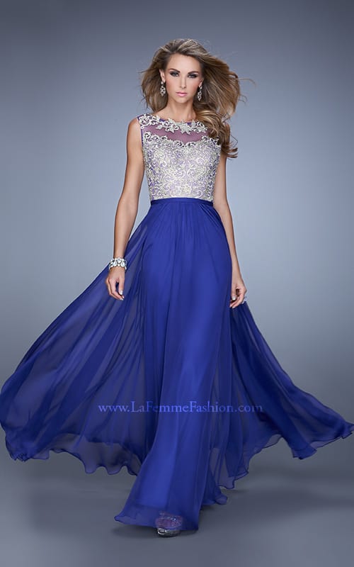 Picture of: Chiffon Gown with Sheer Detail and Keyhole Back in Blue, Style: 21503, Main Picture