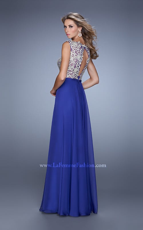 Picture of: Chiffon Gown with Sheer Detail and Keyhole Back in Blue, Style: 21503, Back Picture