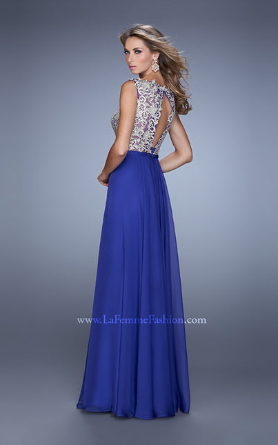 Picture of: Chiffon Gown with Sheer Detail and Keyhole Back in Blue, Style: 21503, Back Picture