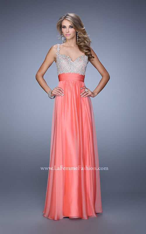 Picture of: Jeweled Encrusted Embroidered Long Chiffon Prom Dress in Coral, Style: 21505, Detail Picture 3
