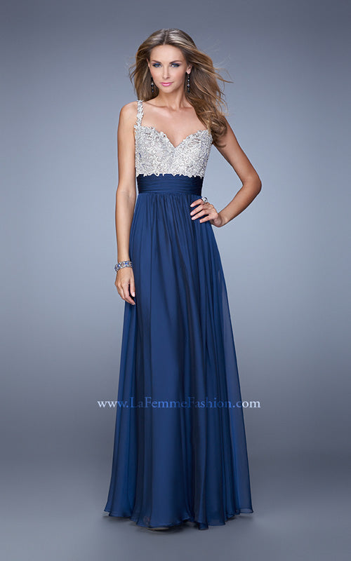 Picture of: Jeweled Encrusted Embroidered Long Chiffon Prom Dress in Navy, Style: 21505, Detail Picture 5