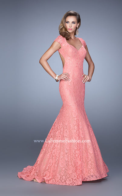 Picture of: Lace Mermaid Gown with Cap Sleeves and Open Back in Coral, Style: 21509, Detail Picture 4