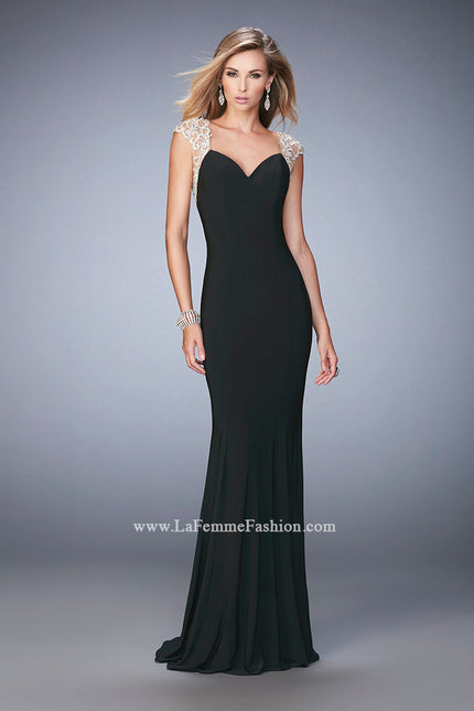 Picture of: Long Jersey Prom Dress with Lace Applique Sleeves in Black, Style: 21529, Detail Picture 1