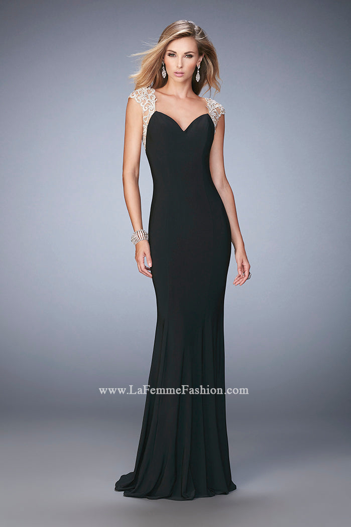 Picture of: Long Jersey Prom Dress with Lace Applique Sleeves in Black, Style: 21529, Detail Picture 1