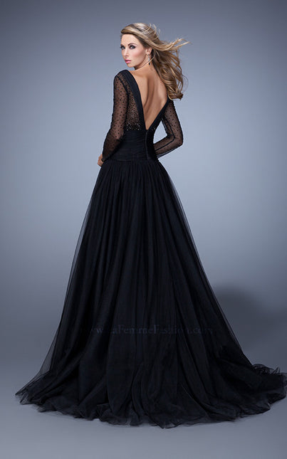 Picture of: Vintage Inspired Tulle Gown with Sheer Beaded Sleeves in Black, Style: 21539, Back Picture