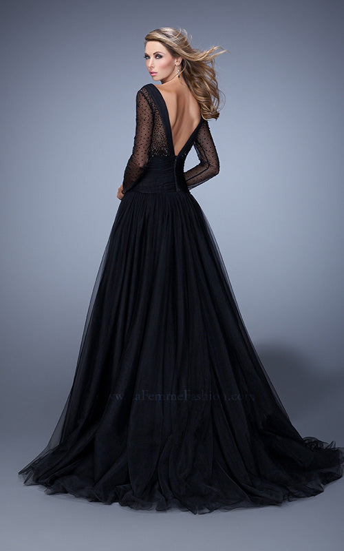 Picture of: Vintage Inspired Tulle Gown with Sheer Beaded Sleeves in Black, Style: 21539, Back Picture