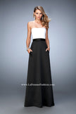 Picture of: Long Satin Prom Gown with Pockets and Belted Waist in Black and White, Style: 21555, Main Picture