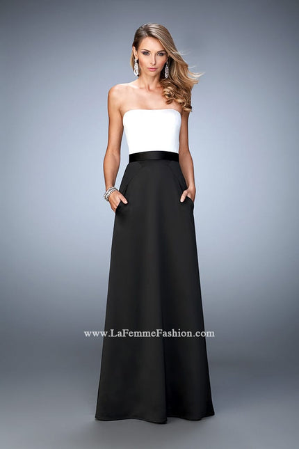 Picture of: Long Satin Prom Gown with Pockets and Belted Waist in Black and White, Style: 21555, Main Picture