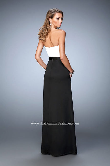 Picture of: Long Satin Prom Gown with Pockets and Belted Waist in Black and White, Style: 21555, Back Picture