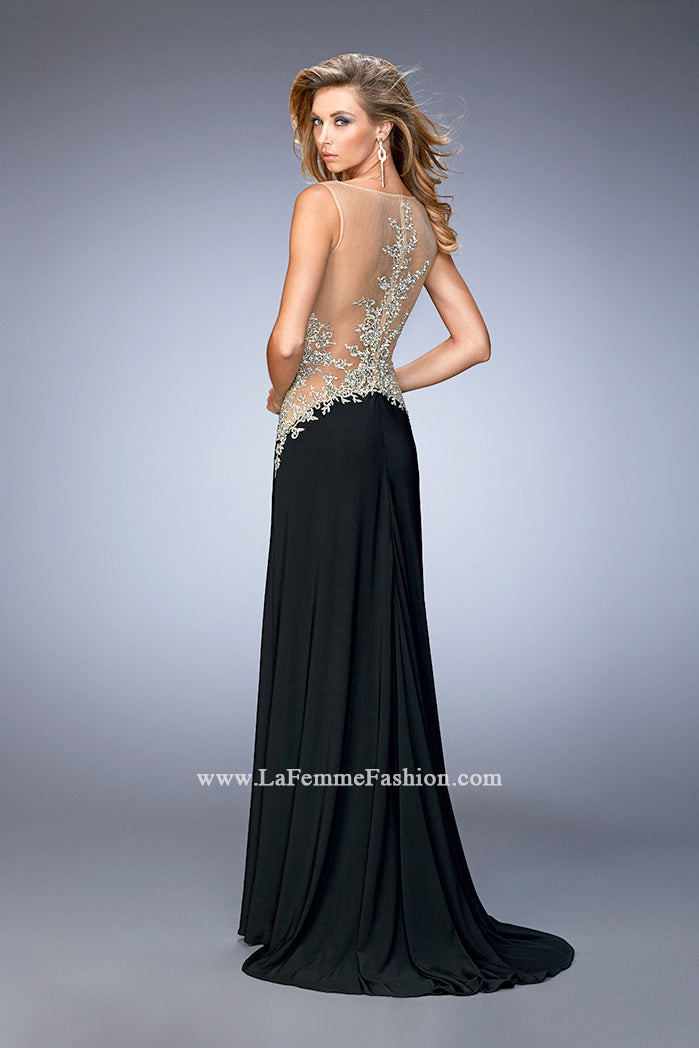 Picture of: Jersey Dress with Illusion Bodice, Train, and Rhinestones in Black, Style: 21558, Main Picture