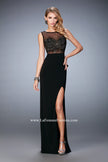 Picture of: Jersey Prom Dress with Sheer Bodice and Front Slit in Black, Style: 21583, Detail Picture 1