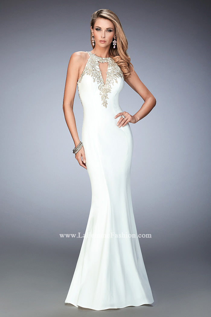 Picture of: Jersey Mermaid Gown with Metallic Lace Appliques in White, Style: 21607, Main Picture