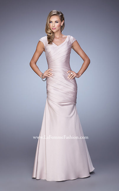 Picture of: V Neck Satin Evening Dress with Cap Sleeves in Champagne, Style: 21610, Detail Picture 1