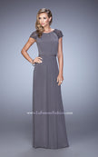 Picture of: Cap Sleeve Embroidered Dress with Cascading Ruffles in Gray, Style: 21621, Detail Picture 1