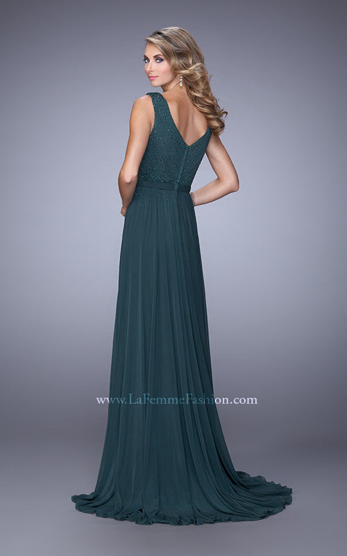 Picture of: V Neck Evening Dress with Jewel Adorned Bodice in Emerald, Style: 21624, Back Picture