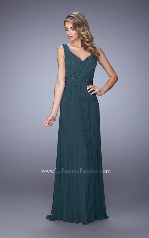 Picture of: V Neck Evening Dress with Jewel Adorned Bodice in Emerald, Style: 21624, Detail Picture 1