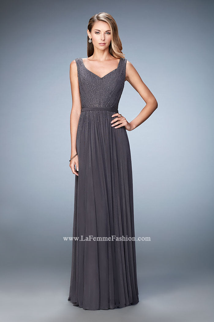 Picture of: V Neck Evening Dress with Jewel Adorned Bodice in Gray, Style: 21624, Detail Picture 3