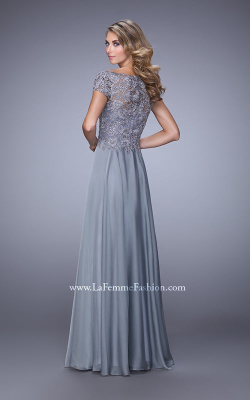 Picture of: Chiffon Dress with Lace Bodice and Cap Sleeves in Silver, Style: 21627, Back Picture