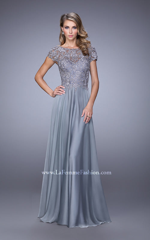 Picture of: Chiffon Dress with Lace Bodice and Cap Sleeves in Silver, Style: 21627, Detail Picture 1
