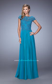 Picture of: Chiffon Dress with Lace Bodice and Cap Sleeves in Teal, Style: 21627, Detail Picture 2