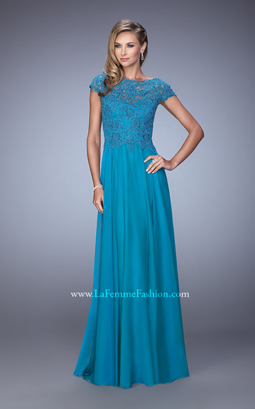 Picture of: Chiffon Dress with Lace Bodice and Cap Sleeves in Teal, Style: 21627, Detail Picture 2