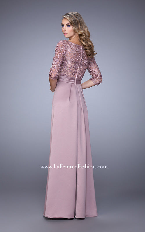 Picture of: 3/4 Sleeve Satin Evening Dress with Beaded Lace Bodice in Pink, Style: 21676, Back Picture