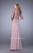 Picture of: 3/4 Sleeve Satin Evening Dress with Beaded Lace Bodice in Pink, Style: 21676, Back Picture