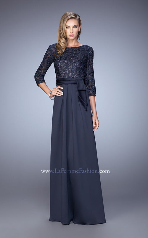 Picture of: 3/4 Sleeve Satin Evening Dress with Beaded Lace Bodice in Blue, Style: 21676, Detail Picture 1
