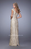 Picture of: Metallic Lace Gown with Cap Sleeves and Satin Belt in Gold, Style: 21680, Back Picture