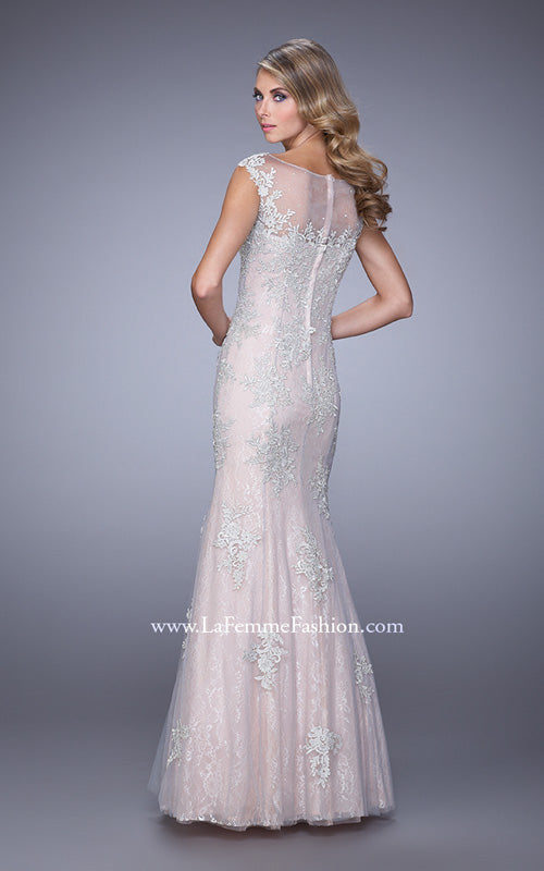 Picture of: Dress with Mermaid Skirt and Sheer Beaded Lace Sleeves in Pink, Style: 21699, Back Picture