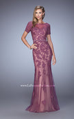 Picture of: Short Sleeve Dress with Lace Appliques and Keyhole Back in Pink, Style: 21703, Detail Picture 1