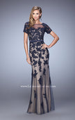 Picture of: Short Sleeve Dress with Lace Appliques and Keyhole Back in Blue, Style: 21703, Detail Picture 2