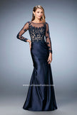 Picture of: Satin Dress with Long Sheer Net Sleeves and Beading in Blue, Style: 21708, Main Picture