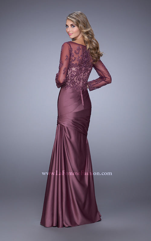 Picture of: Satin Dress with Long Sheer Net Sleeves and Beading in Purple, Style: 21708, Back Picture