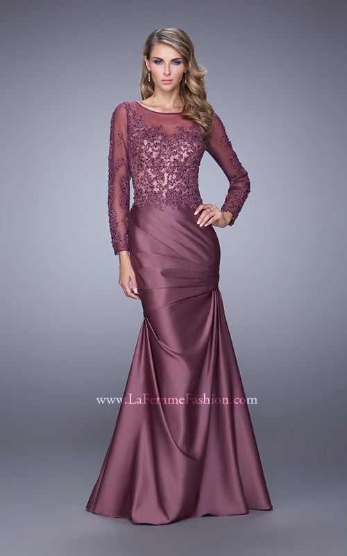 Picture of: Satin Dress with Long Sheer Net Sleeves and Beading in Purple, Style: 21708, Detail Picture 1