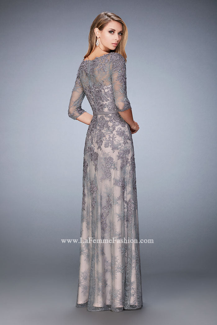 Picture of: Evening Gown with Lace Overlay, Belt, and 3/4 Sleeves in Silver, Style: 21740, Back Picture