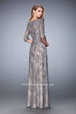 Picture of: Evening Gown with Lace Overlay, Belt, and 3/4 Sleeves in Silver, Style: 21740, Back Picture