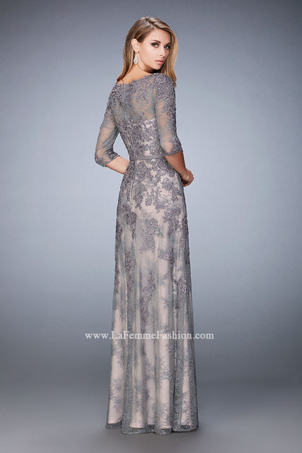 Picture of: Evening Gown with Lace Overlay, Belt, and 3/4 Sleeves in Silver, Style: 21740, Back Picture