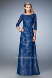 Picture of: Evening Gown with Lace Overlay, Belt, and 3/4 Sleeves in Silver, Style: 21740, Detail Picture 1
