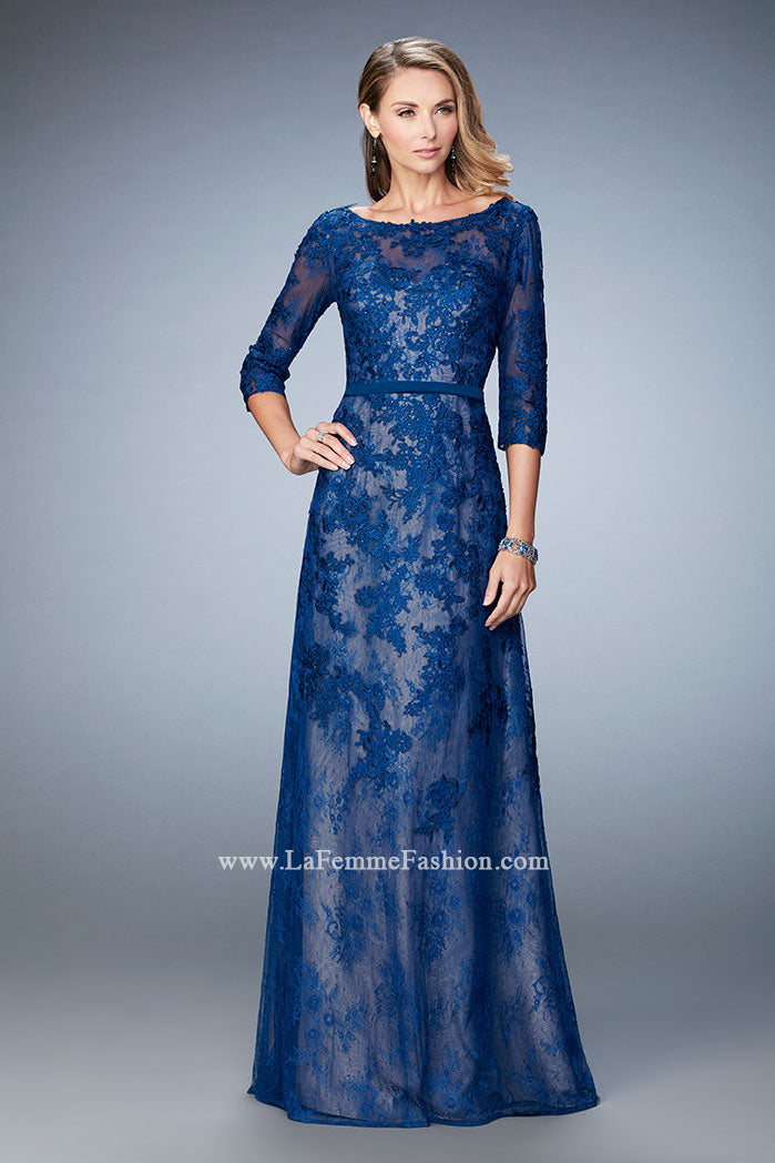 Picture of: Evening Gown with Lace Overlay, Belt, and 3/4 Sleeves in Silver, Style: 21740, Detail Picture 1