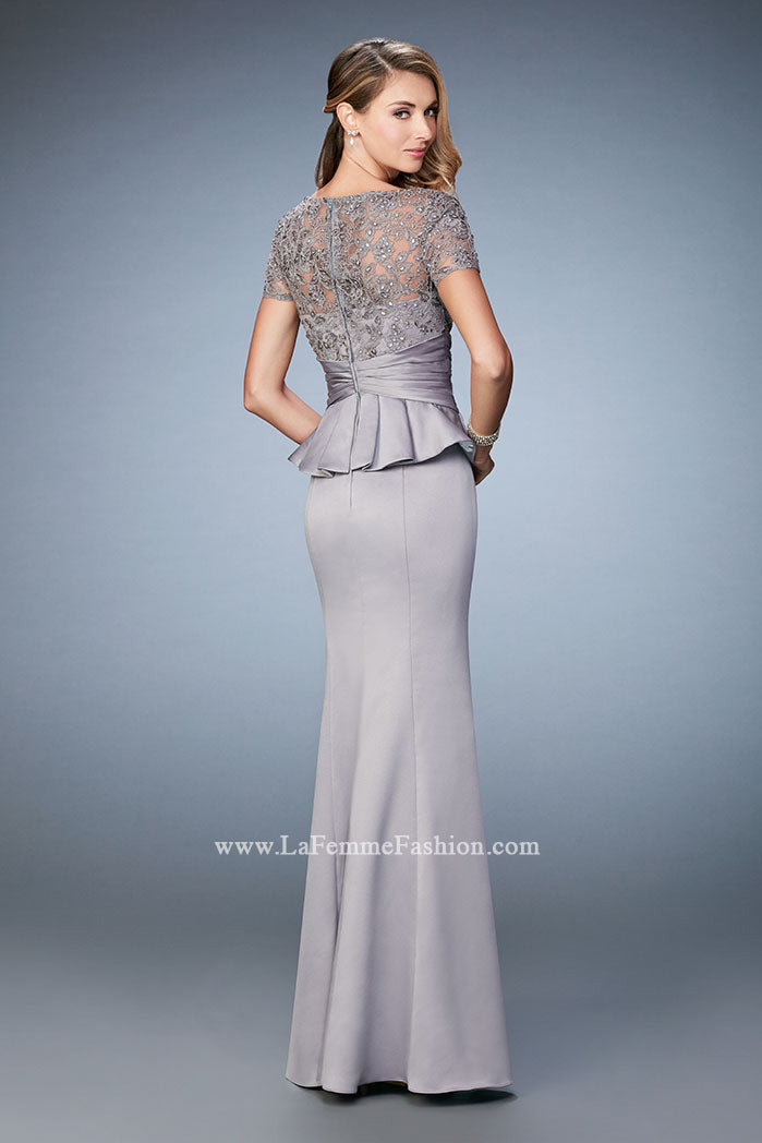 Picture of: Satin Evening Gown with Peplum Waist and Embellishments in Silver, Style: 21760, Back Picture