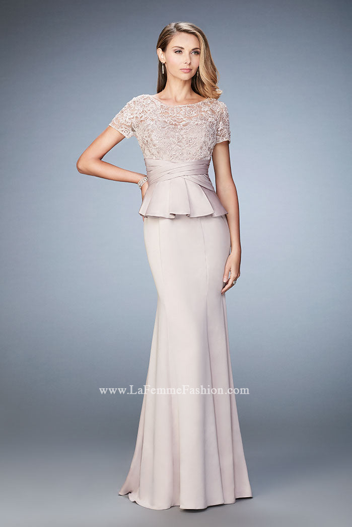 Picture of: Satin Evening Gown with Peplum Waist and Embellishments in Nude, Style: 21760, Detail Picture 1