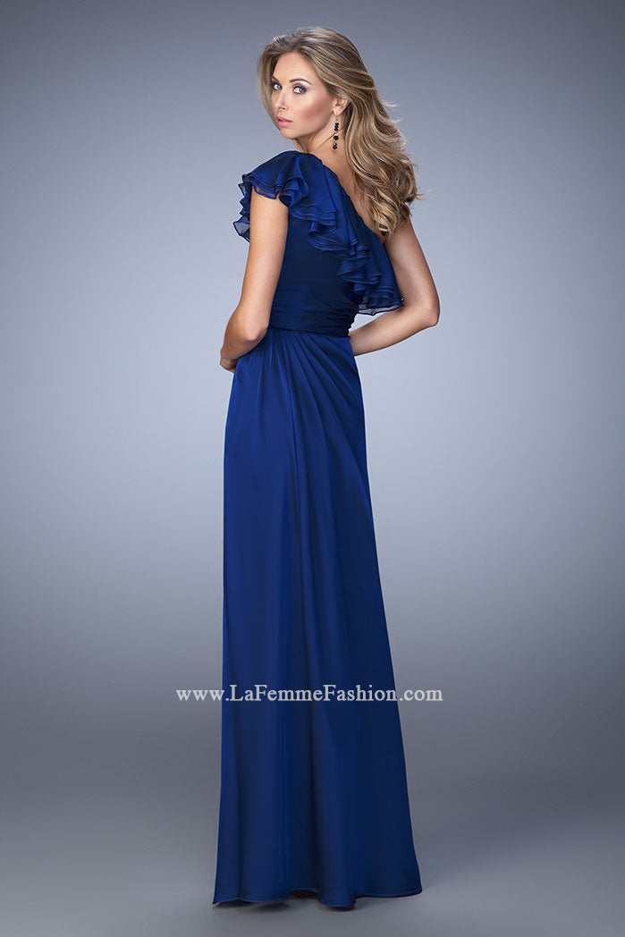Picture of: One Shoulder Ruffle Evening Gown with A-line Skirt in Blue, Style: 21893, Back Picture