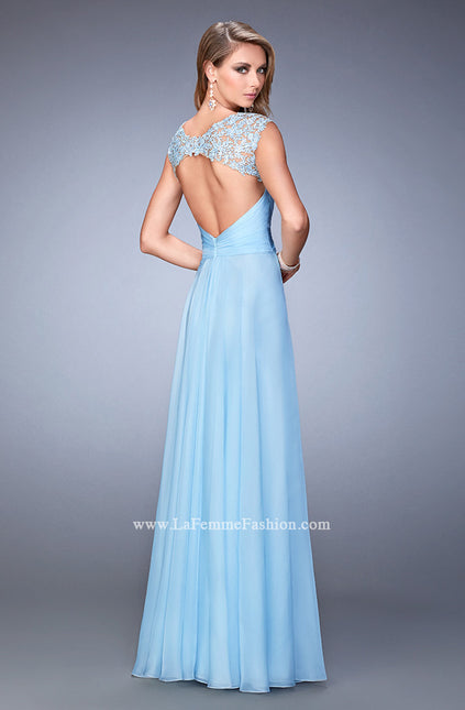 Picture of: V Neckline Chiffon Dress with Gathered Bodice and Skirt in Blue, Style: 21925, Back Picture