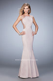 Picture of: Satin Mermaid Gown with Boat Neckline and Cut Outs in Nude, Style: 21926, Detail Picture 1